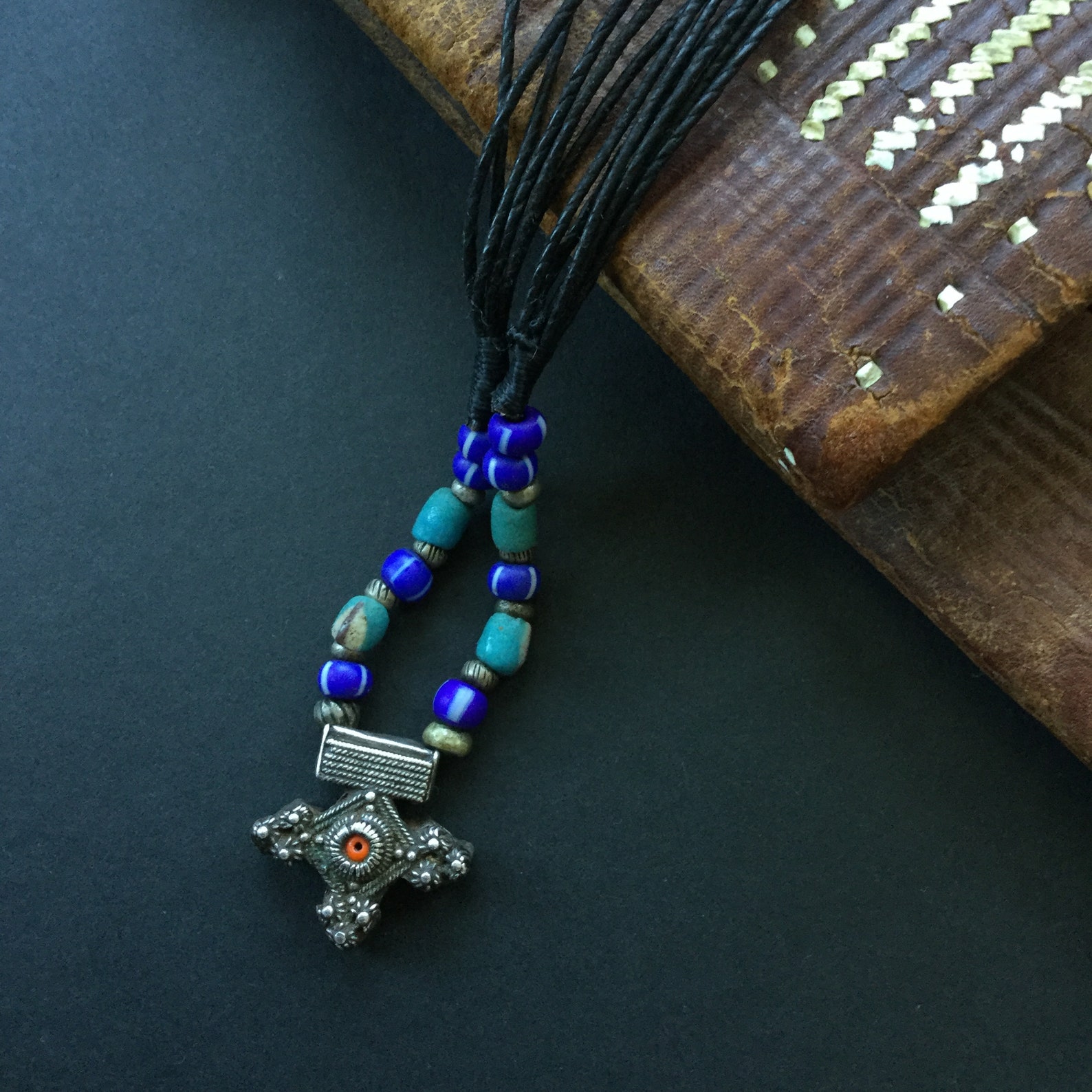Berber Mauritanian Cross Silver Bead Amulet Necklace Jewelry