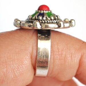 Amazigh Silver Tone Enameled Adjustable Flower métal Ring