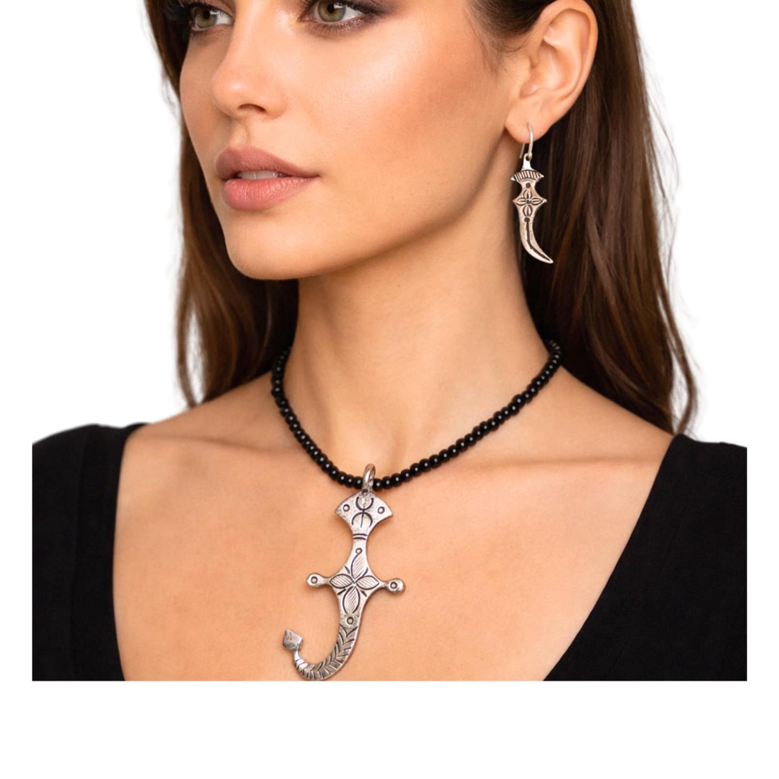Handmade Berber Tuareg Dagger Jewelry Set with Necklace and Earrings