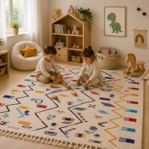 Berber Handmade Colorful Wool White Geometric Carpet Rug