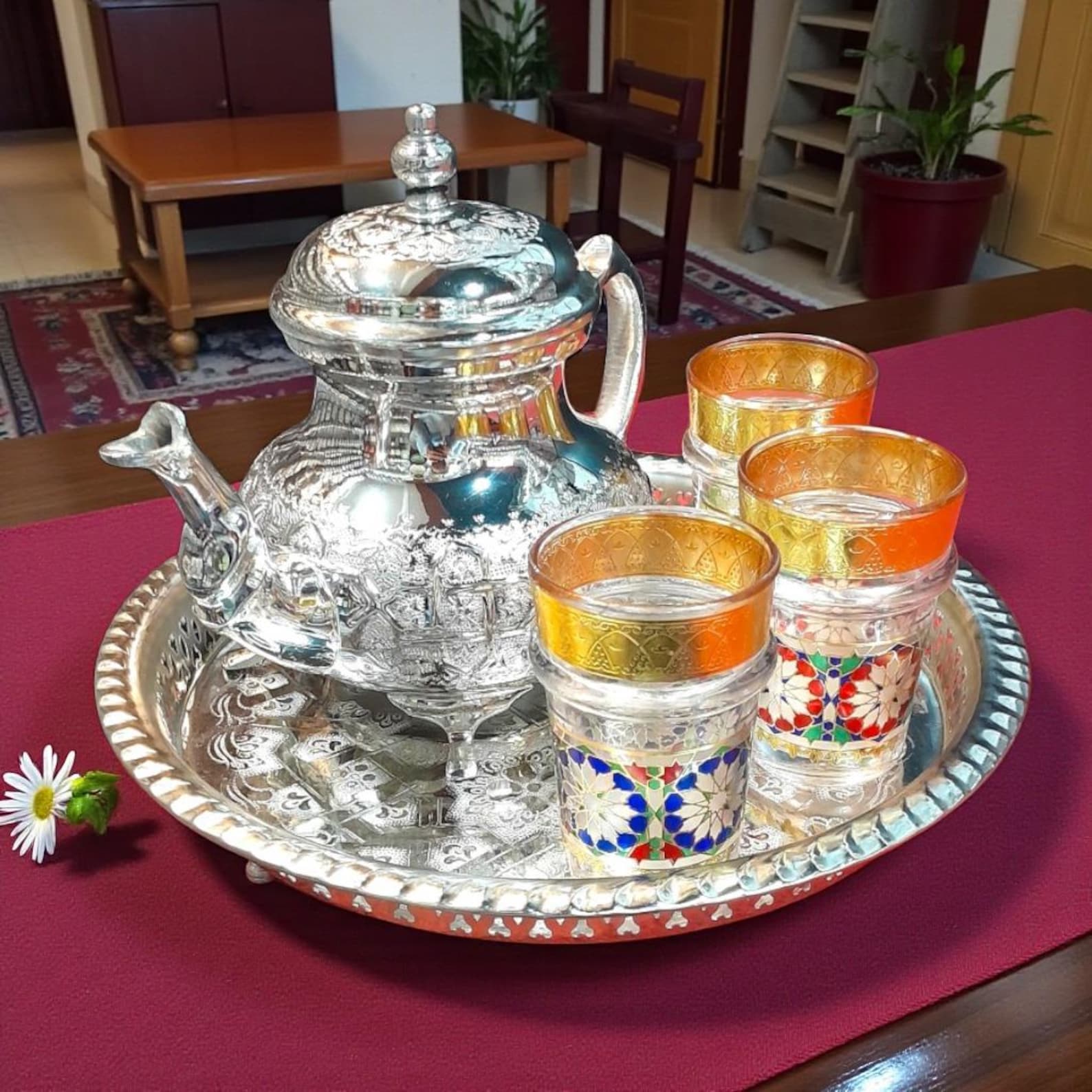 Amazigh Handmade Tea Set Glasses Silver Teapot Tray