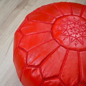 Berber Leather Pouffe Red Handmade Delivered stuffed Pouf