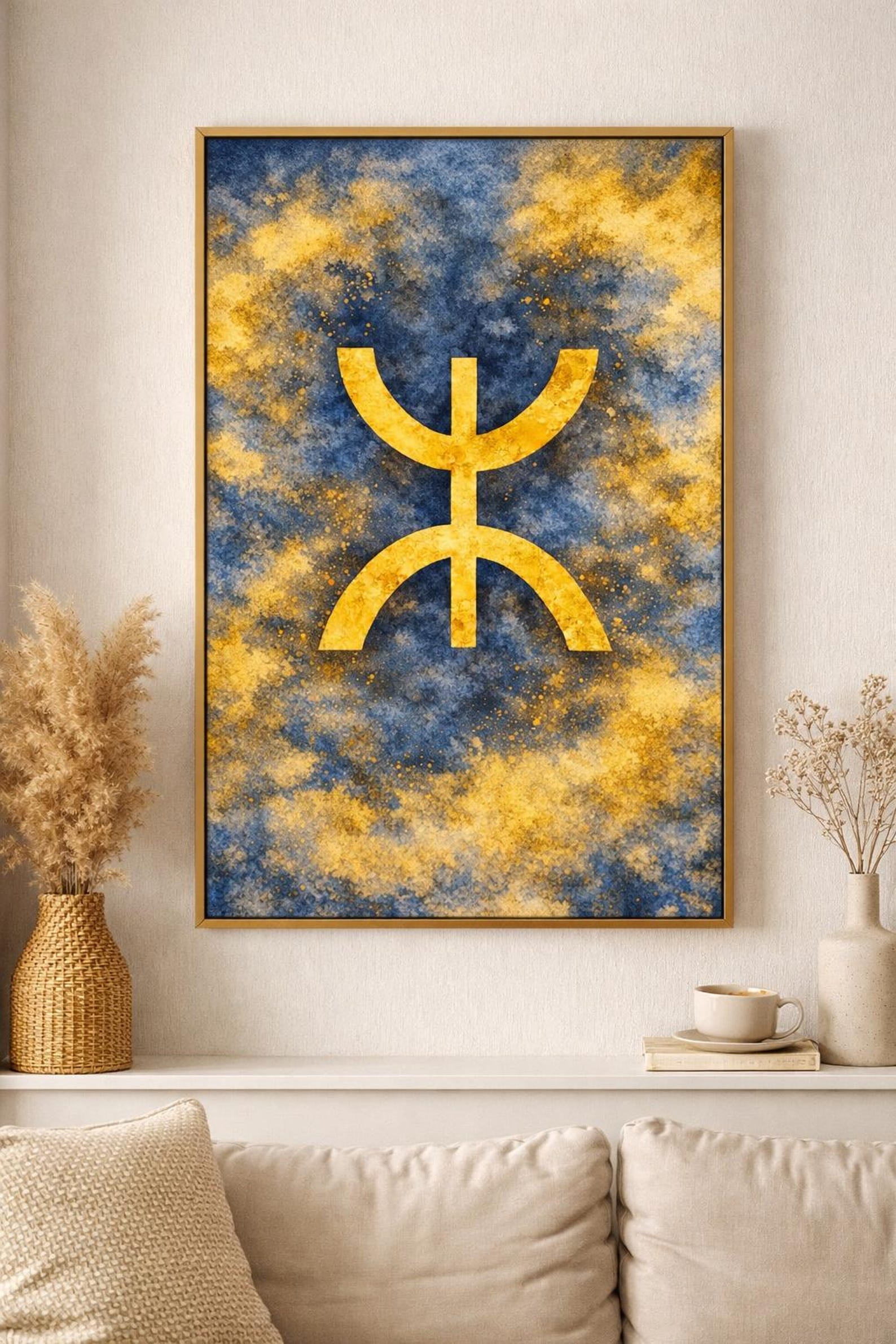Amazigh Yaz Symbol Berber Blue Gold Abstract Printable Wall Art