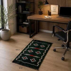 Berber Handmade Black Runner Geometric Rug With Red White Accents