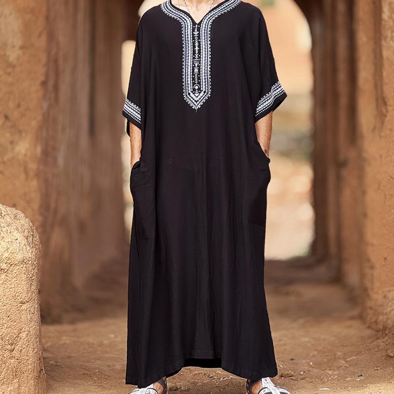 Berber Men Handmade Cotton Screen Printed Gandora Kaftan