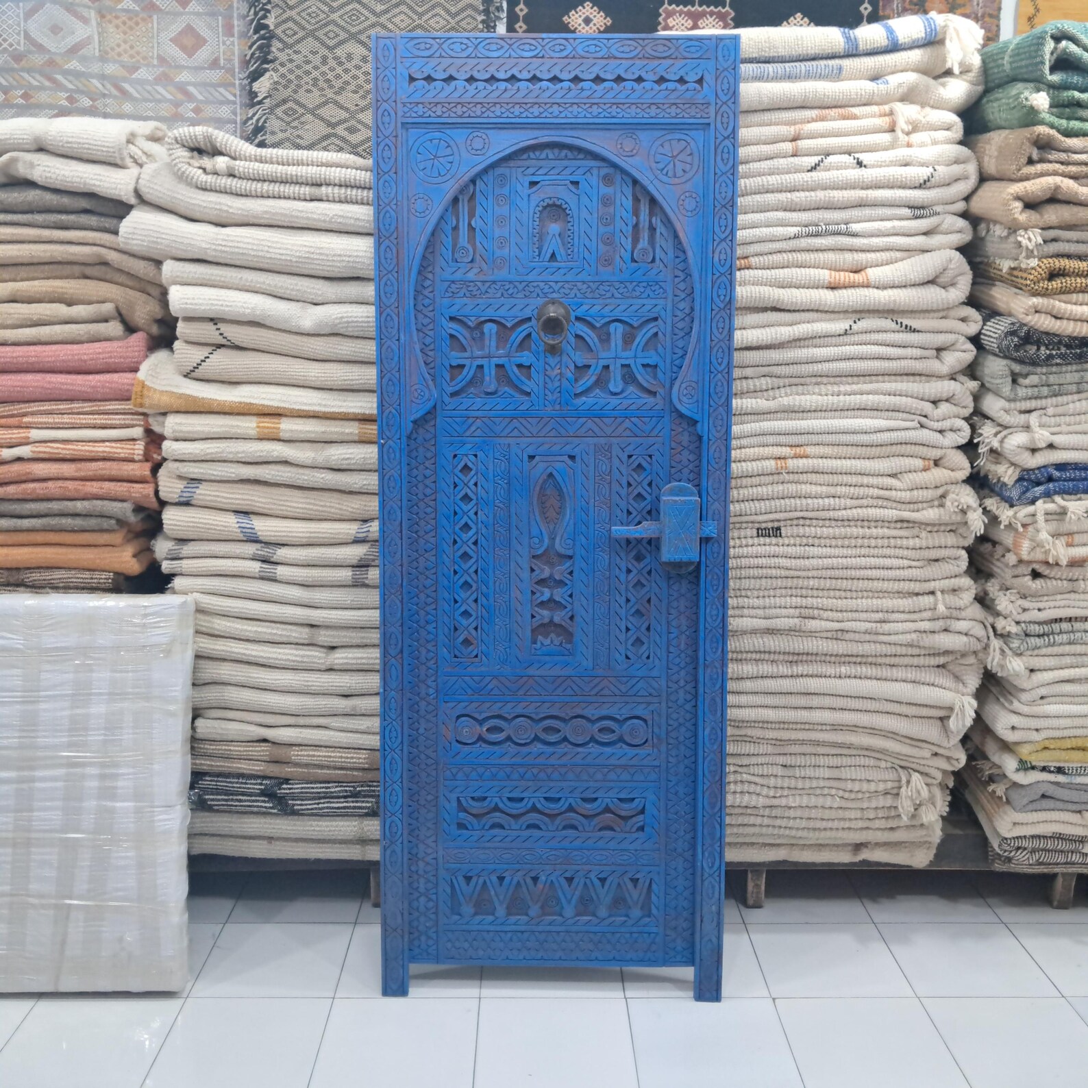 Berber Handcrafted Redwood Door Carved Interior Decor Blue