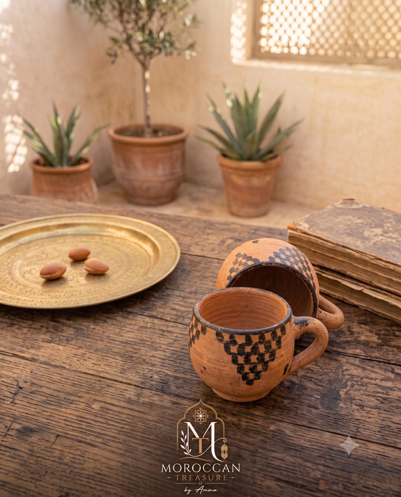 Berber Set of 2 Handmade Clay Cups with Traditional Decoration Mug