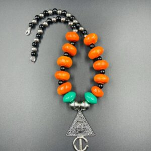 Amazigh Orange Green Resin Beads Silver Triangle Necklace