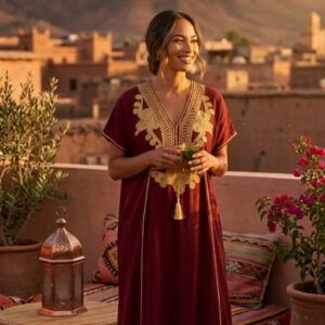 Berber Embroidered Gandoura Dress Burgundy Boho Maxi Kaftan