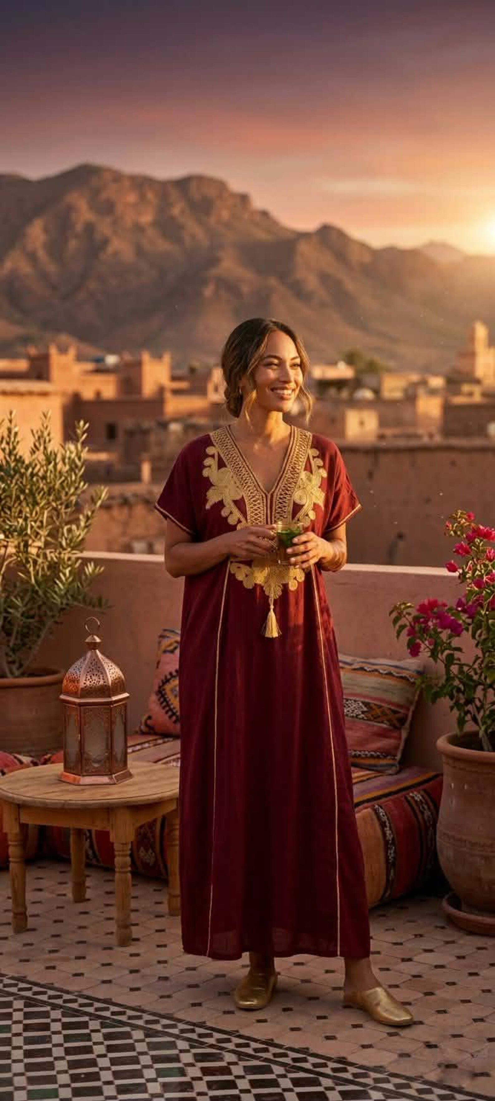 Berber Embroidered Gandoura Dress Burgundy Boho Maxi Kaftan