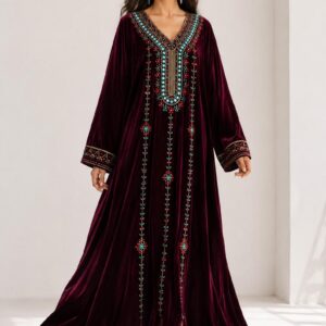 Amazigh Burgundy Velvet Crystal Embroidered Bridal Takchita Kaftan