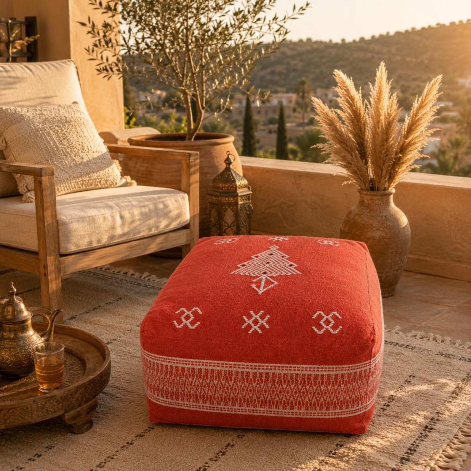 Berber Red Boho Floor Seating Cushion Embroidered Pouf
