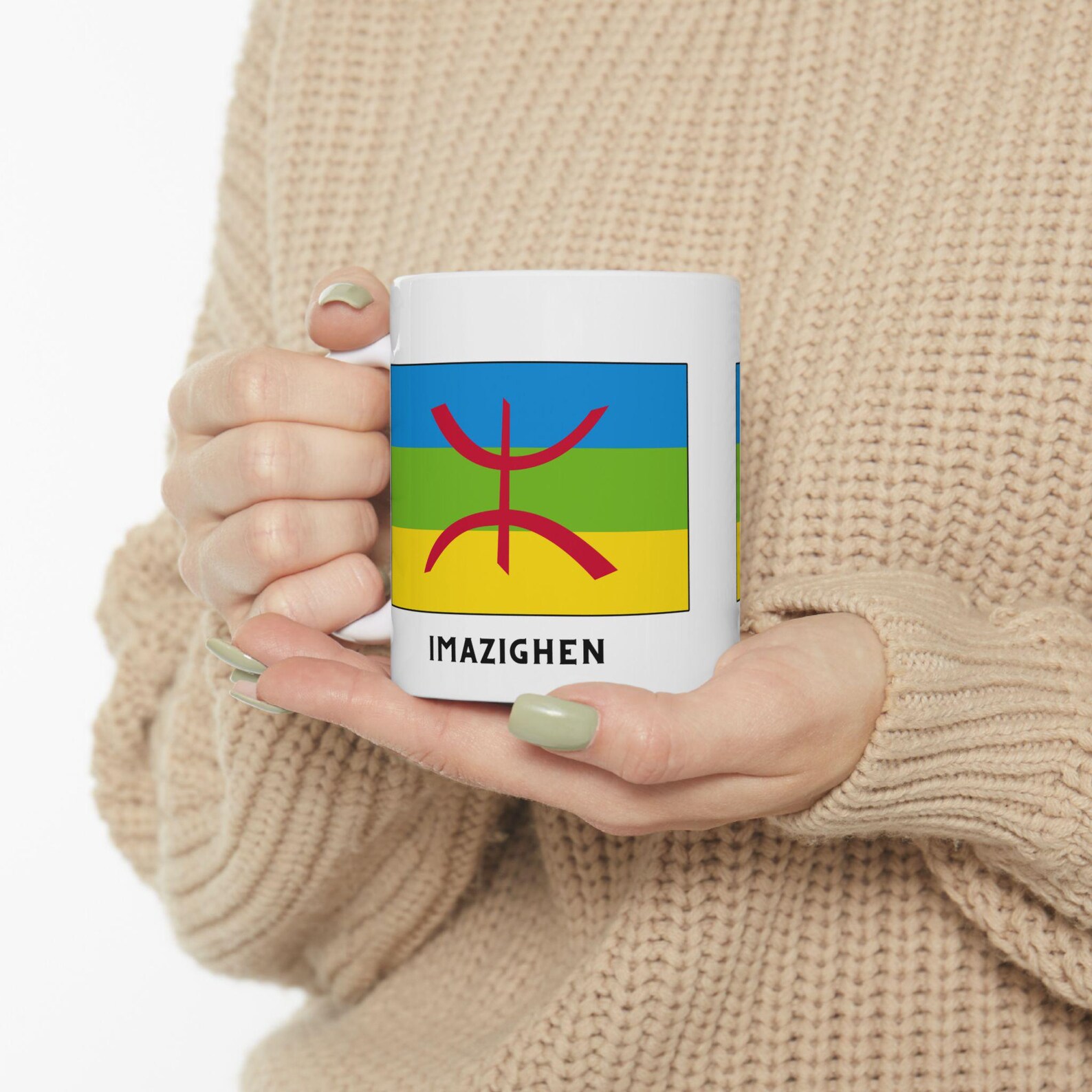Berber Flag Tamazight White Ceramic Mug with Yaz Symbol