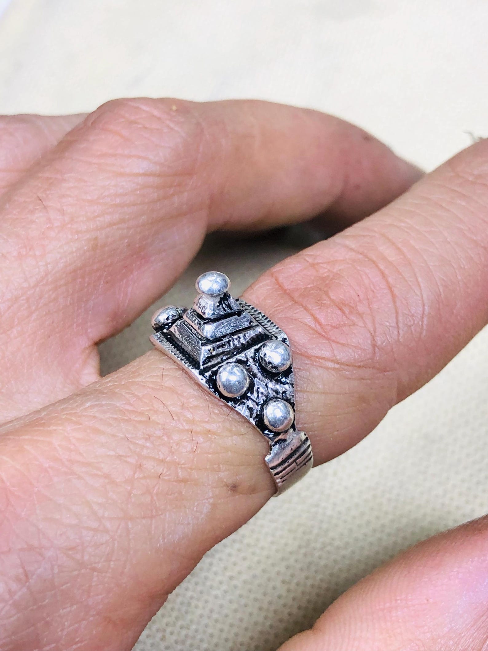 Handmade Amazigh Berber Solid Silver Geometric Pyramid Cone Ring