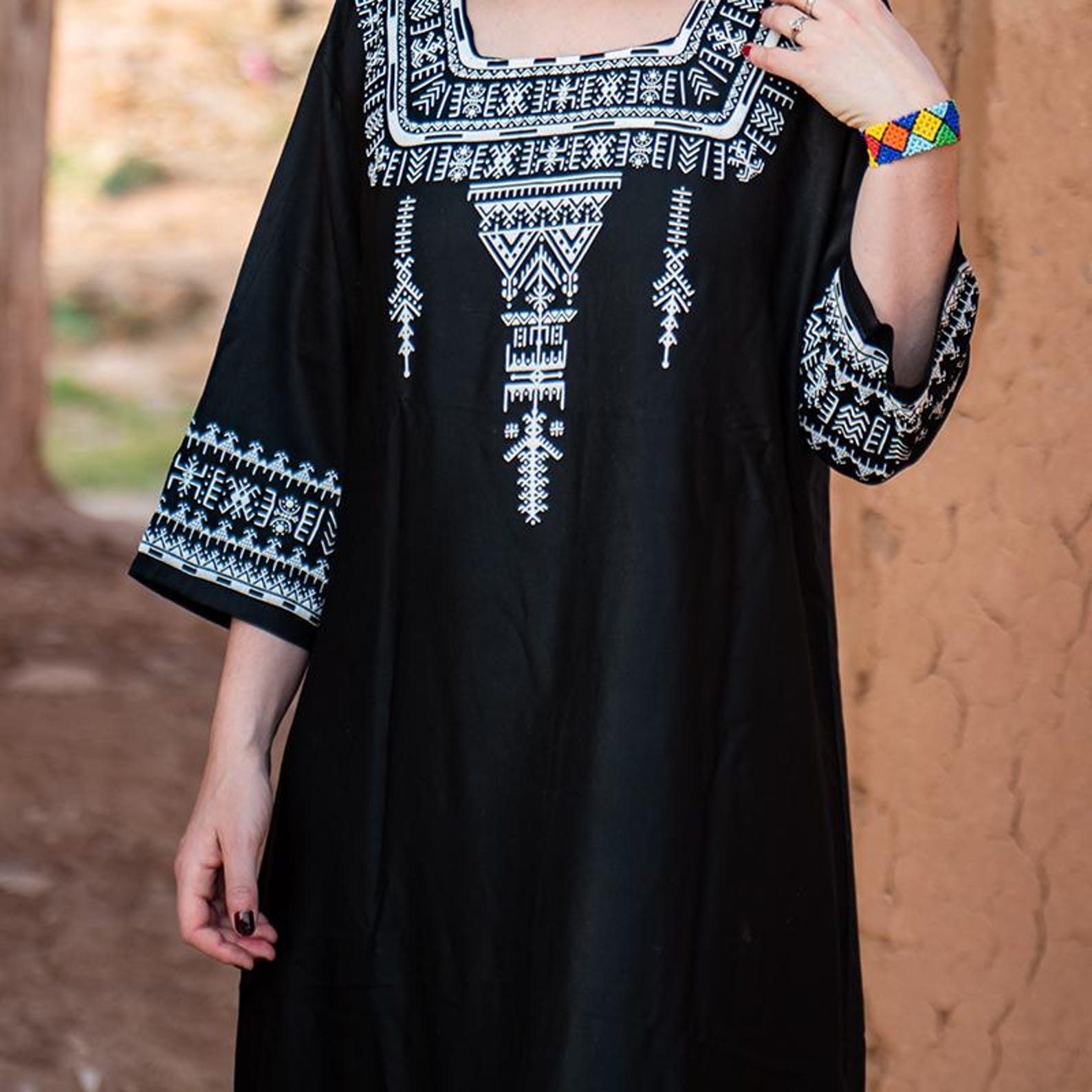 Berber Maxi Dress Handmade Screen Printed Symbol Kaftan
