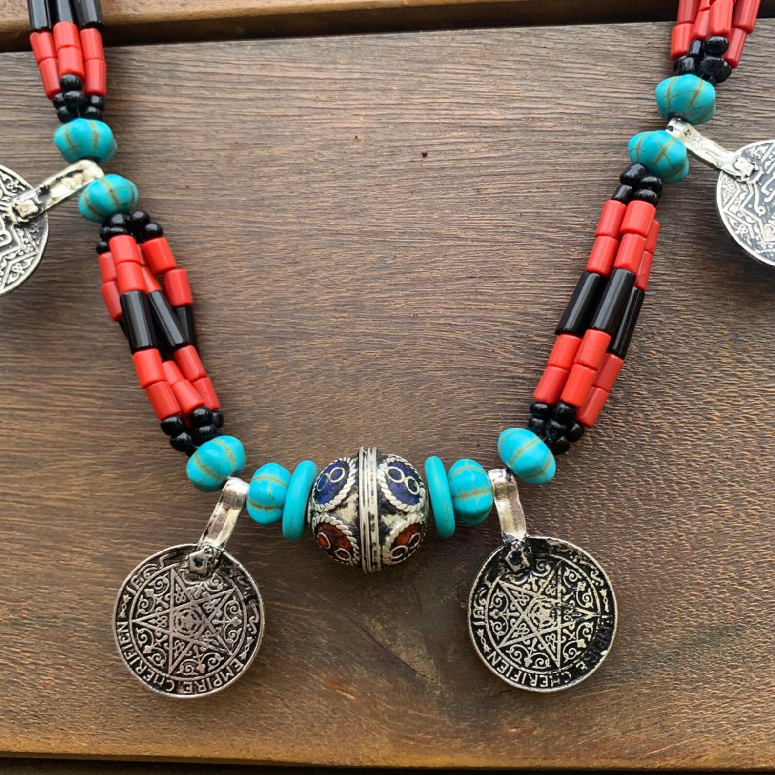 Berber Coral Turquoise Antique Coin Handmade Statement Necklace