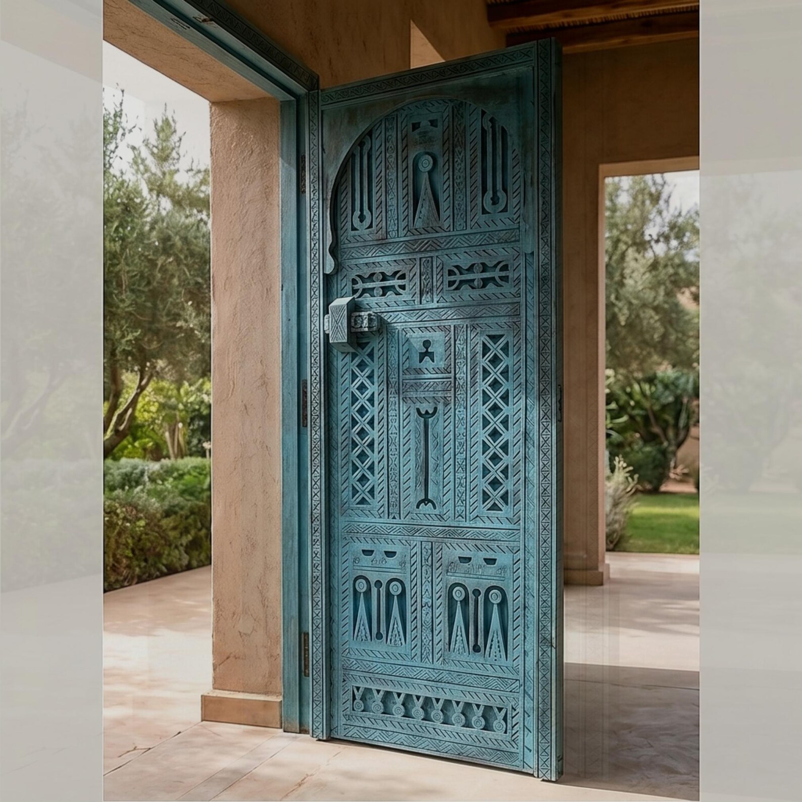Berber Hand-Carved Turquoise Wooden Door Arched Entryway Rug