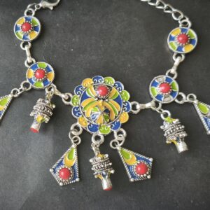 Handmade Amazigh Berber Kabyle Coral Enamel Charm Adjustable Stainless Steel Bracelet