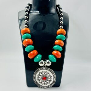 Berber Pendant Necklace with Orange and Green Resin Beads