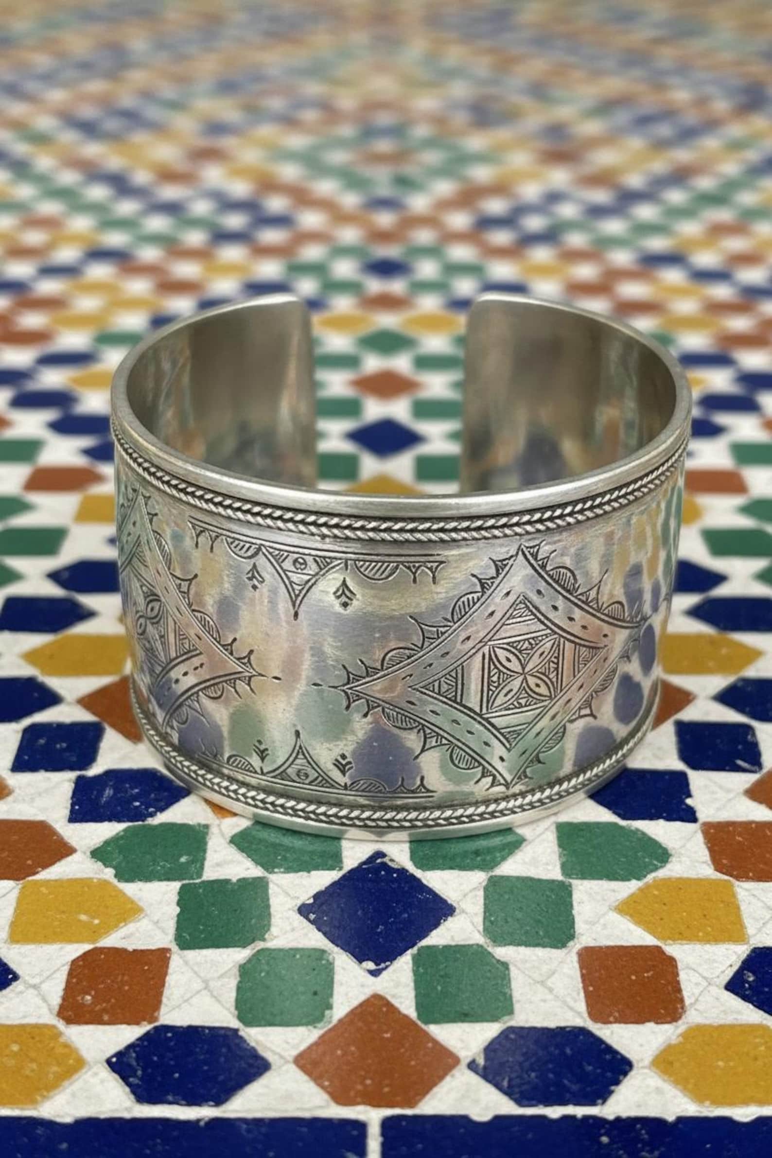 Berber Silver Cuff Handmade Traditional Engraved Wide Bracelet