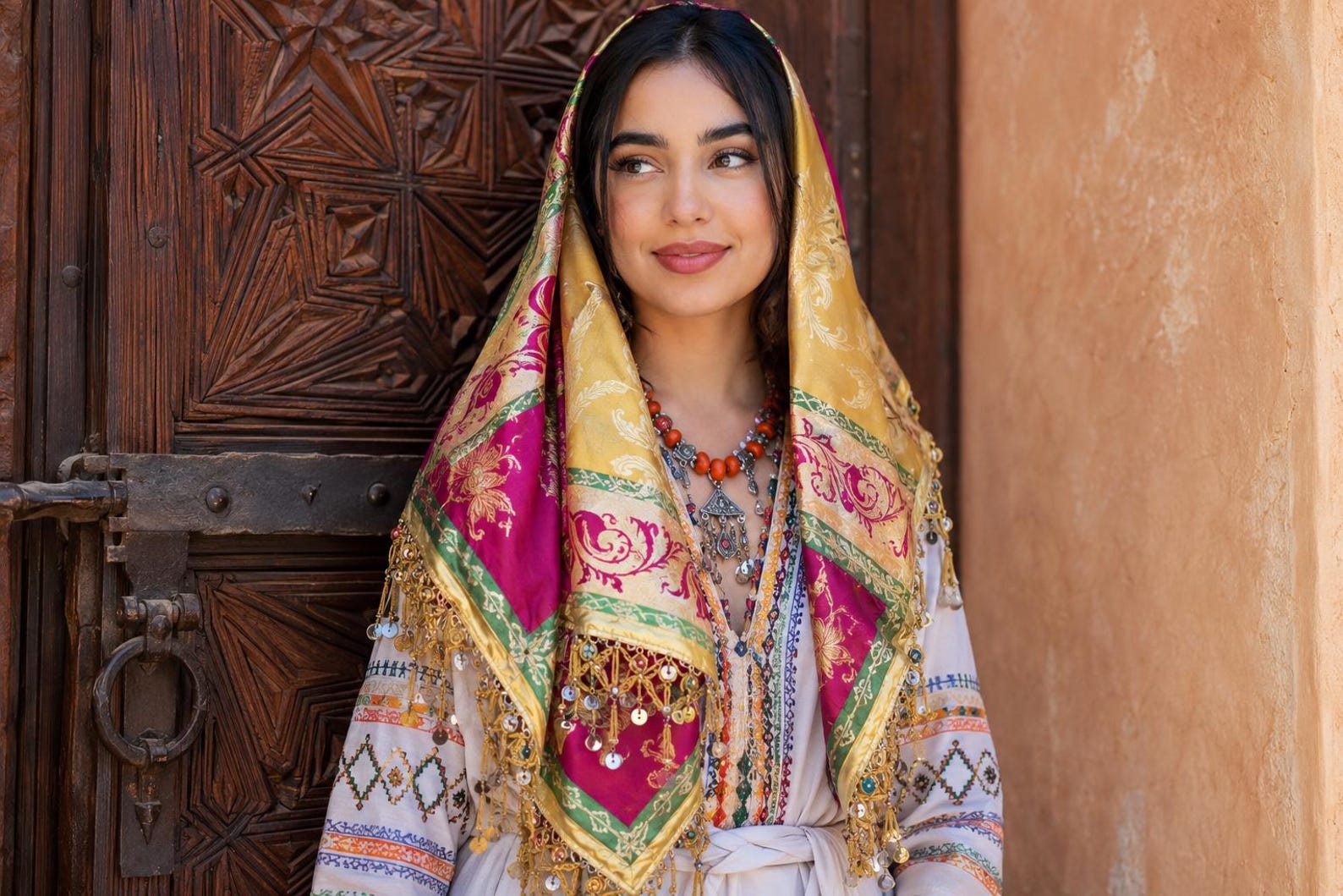 Amazigh Golden Sabniya Wedding Headscarf with Coin Fringe Scarf