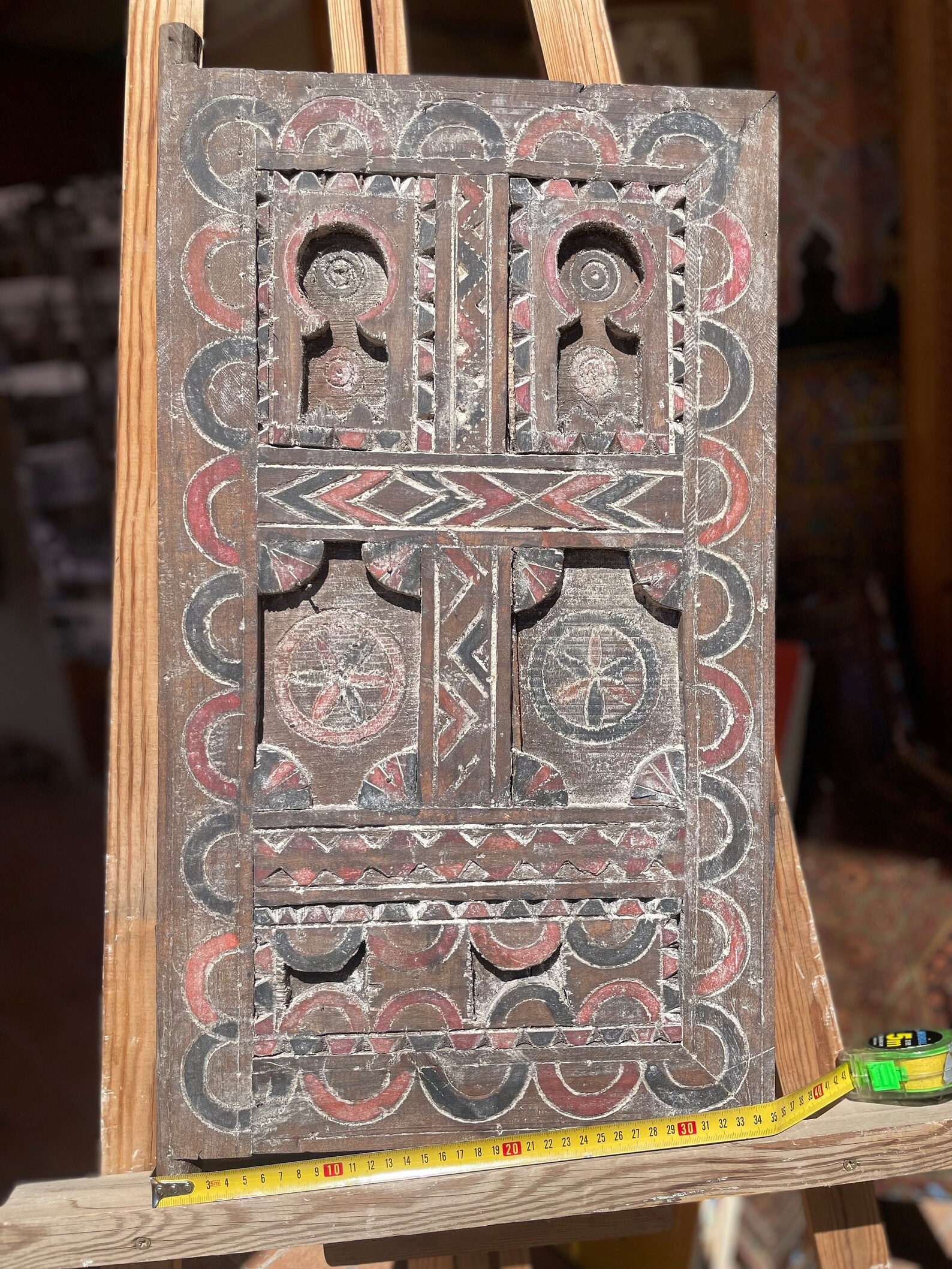 Antique Amazigh Berber Carved Wood Door Panel Wall Art
