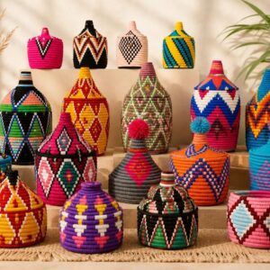 Berber Handmade Woven Palm Basket with Lid and Wool