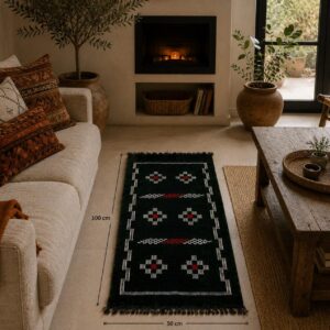 Berber Handmade Black Runner Geometric Rug With Red White Accents