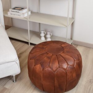 Amazigh Leather Honey Red Delivered Stuffed Modern Pouf