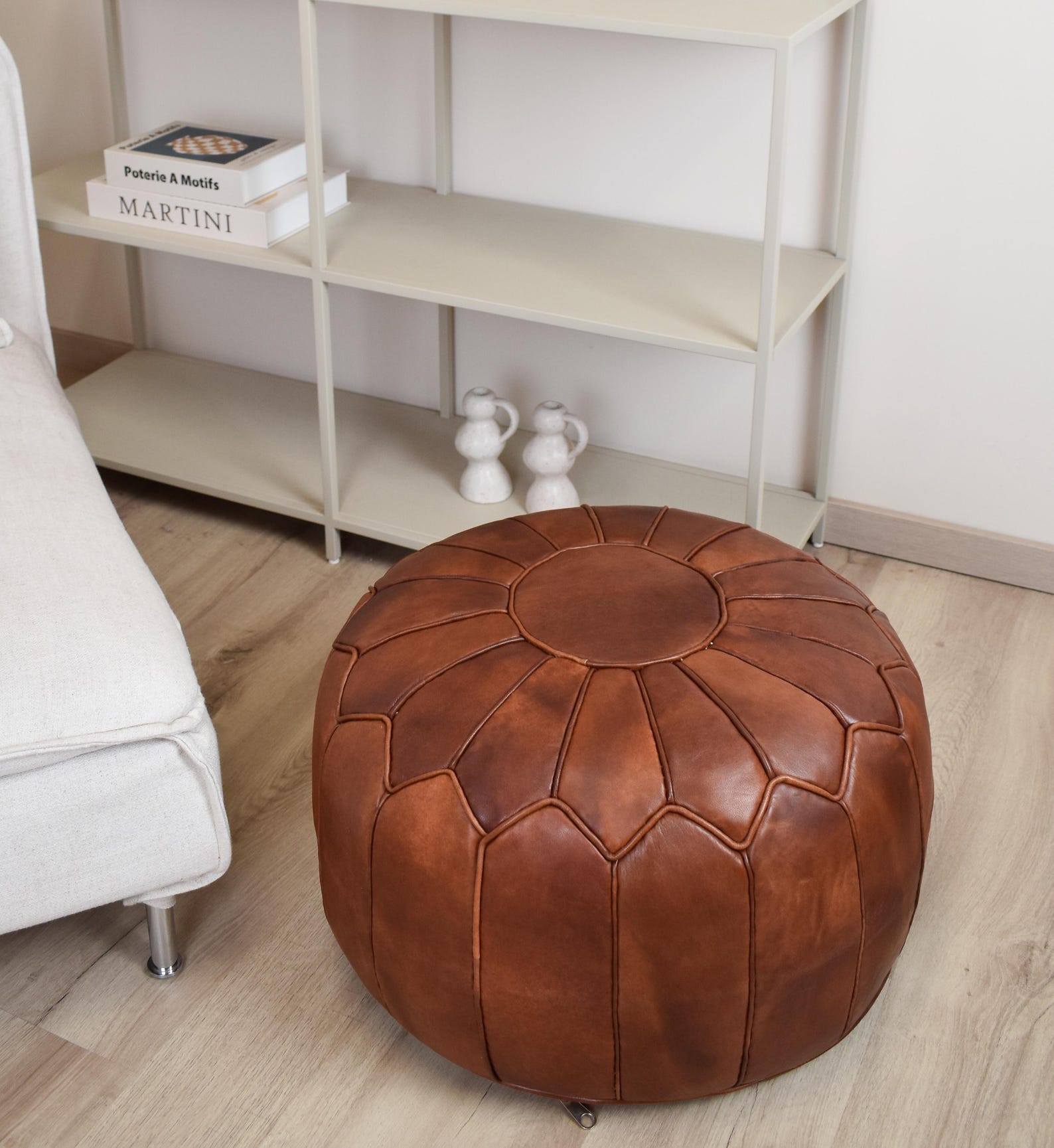 Amazigh Leather Honey Red Delivered Stuffed Modern Pouf
