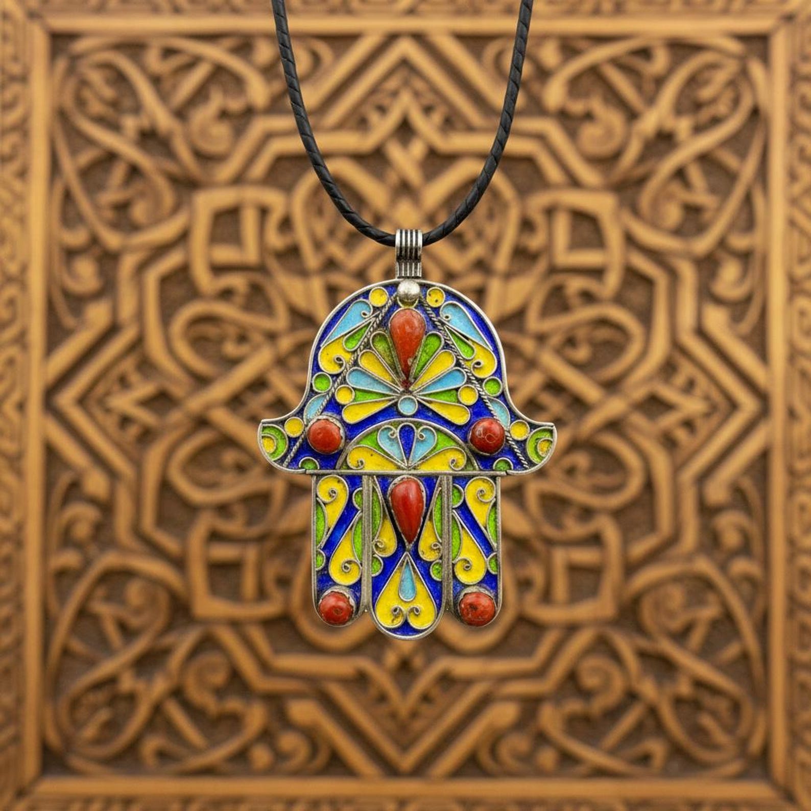 Berber Khamsa Pendant Silver Handmade Hamsa Red Necklace