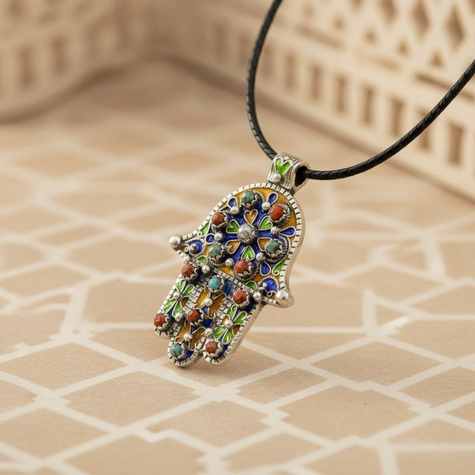Berber Hamsa Hand Silver Handmade Enamel Pendant Necklace