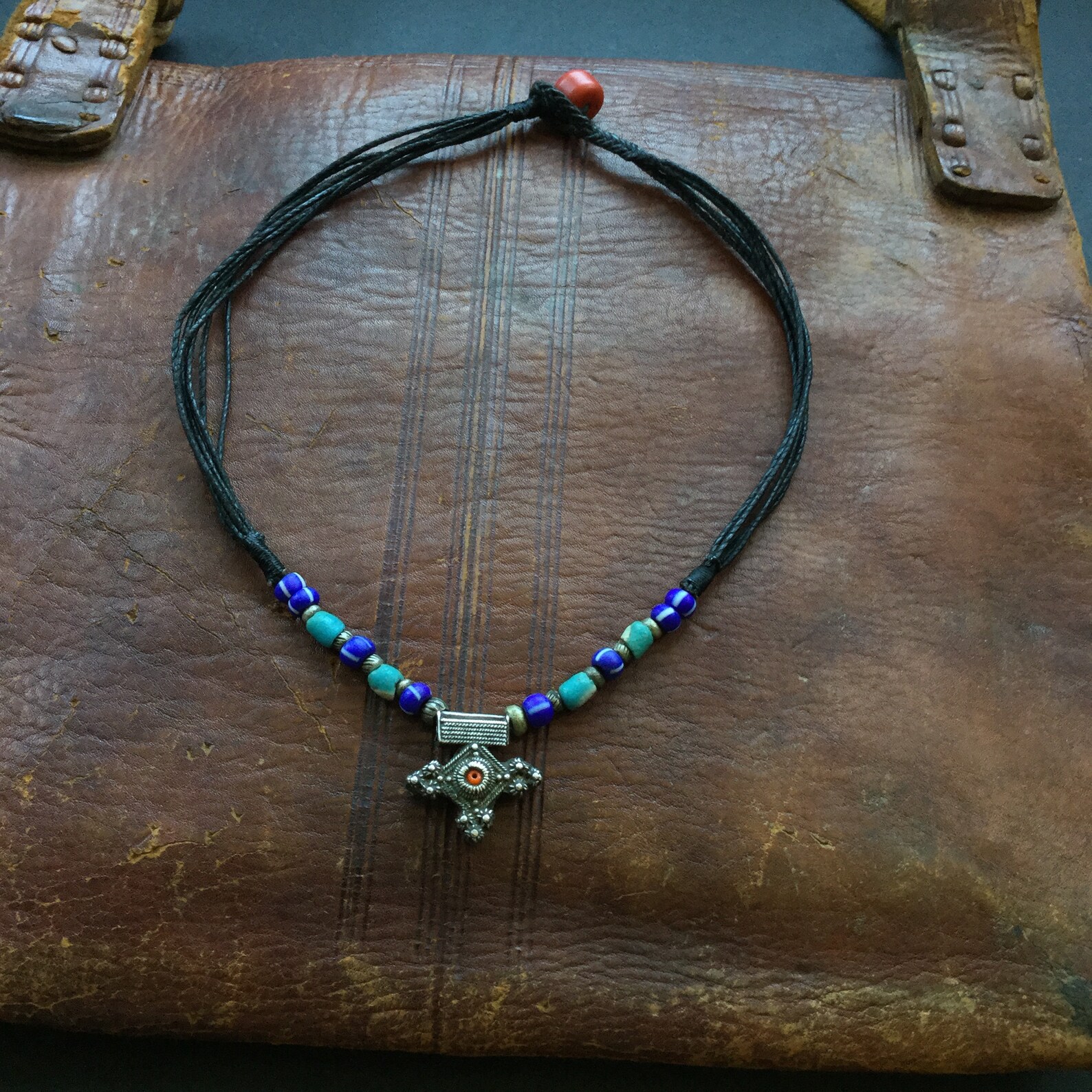 Berber Mauritanian Cross Silver Bead Amulet Necklace Jewelry