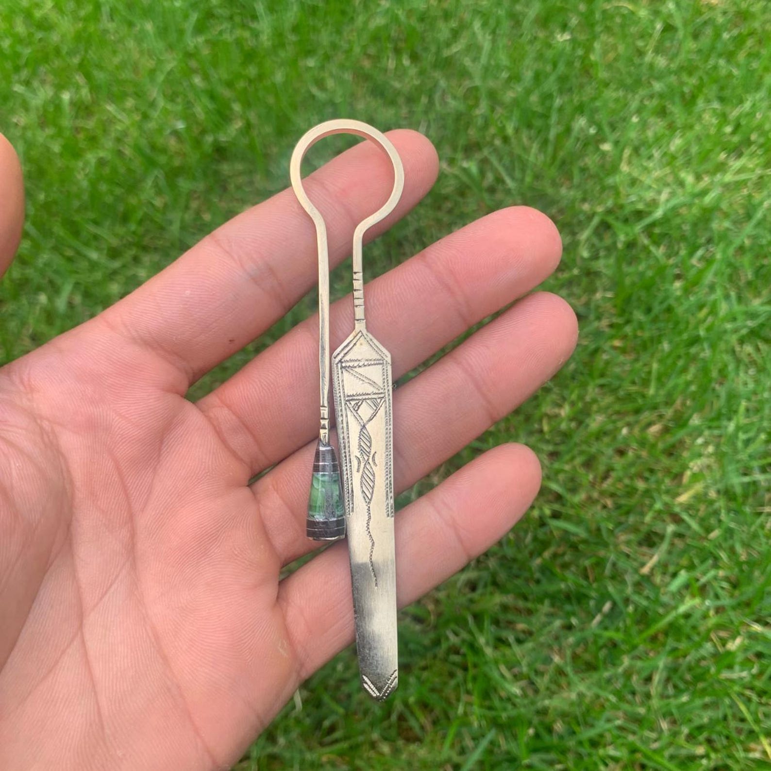 Berber Tuareg Hand-Engraved Metal Bookmark with Round Green Glass