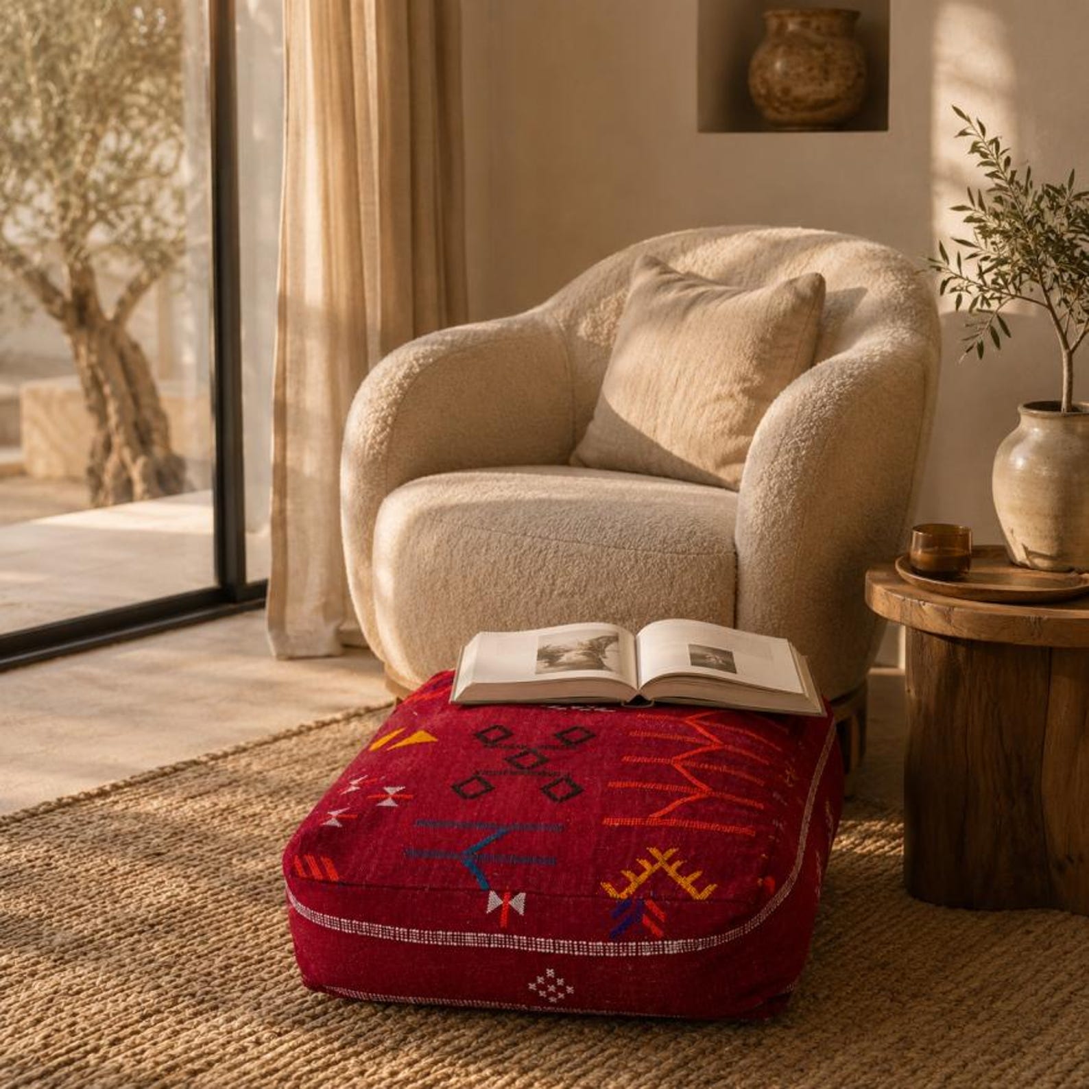 Berber Handmade Red Kilim Boho Square Floor Pouf