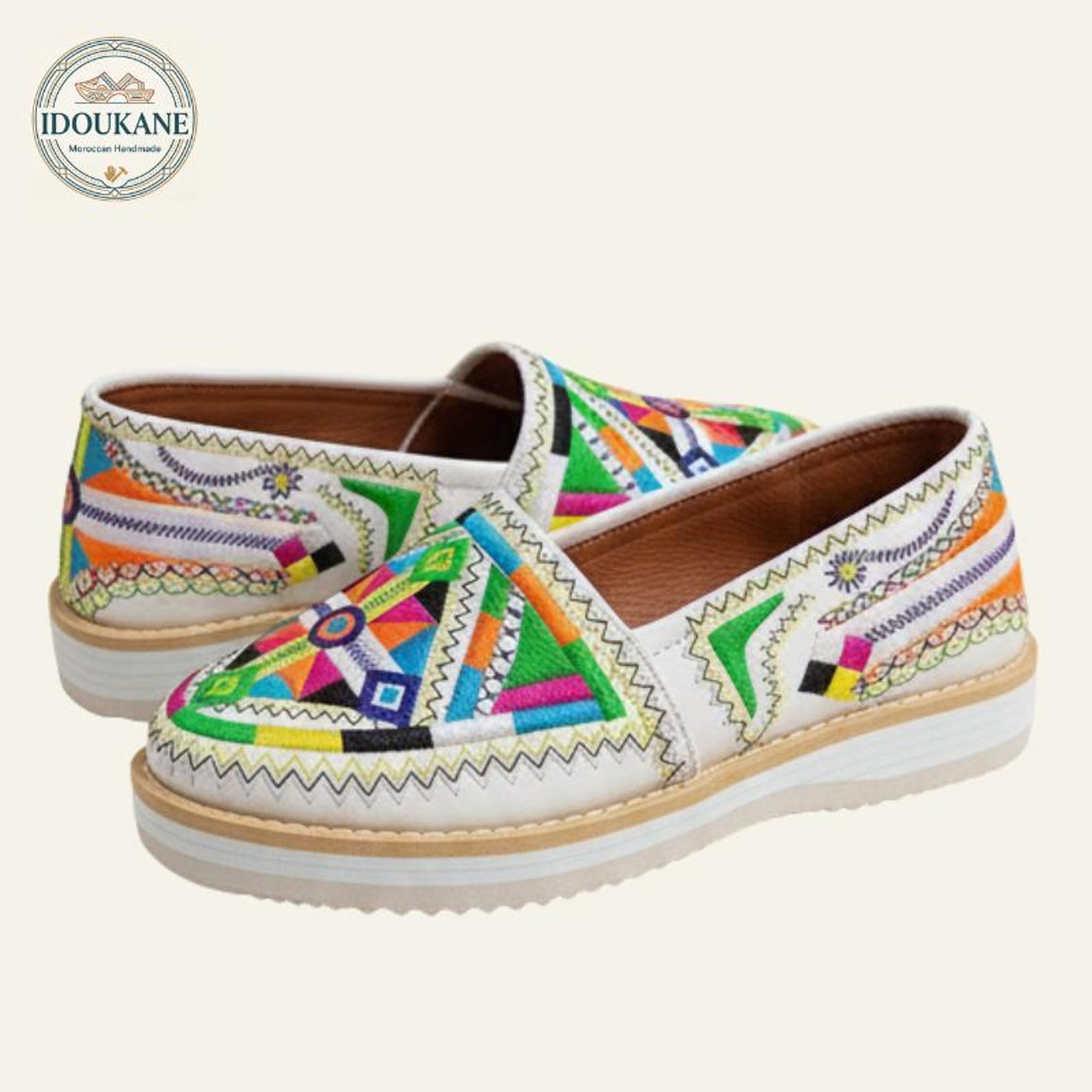 Amazigh White Handmade Leather Moccasin Shoes With Geometric Embroidery