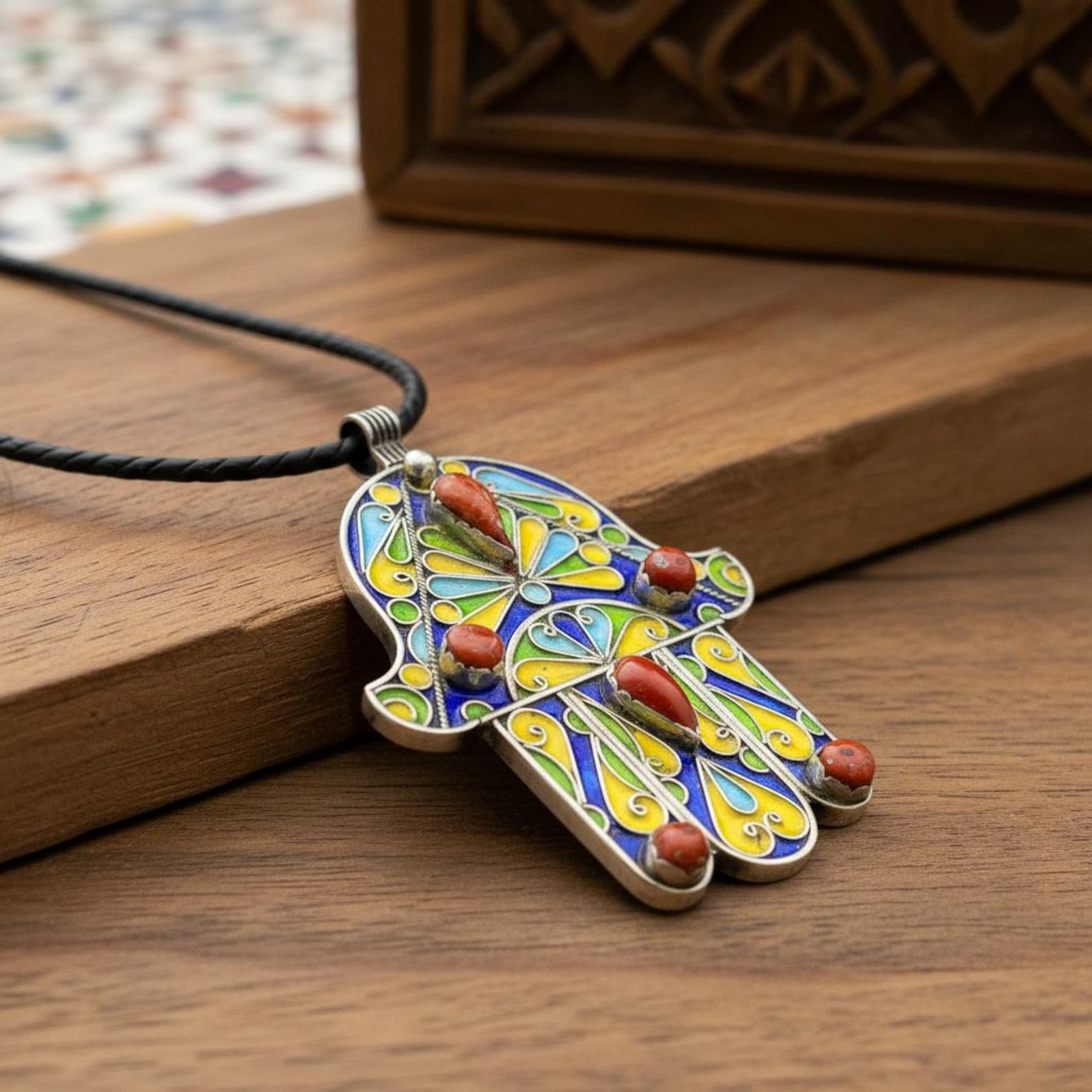 Berber Khamsa Pendant Silver Handmade Hamsa Red Necklace