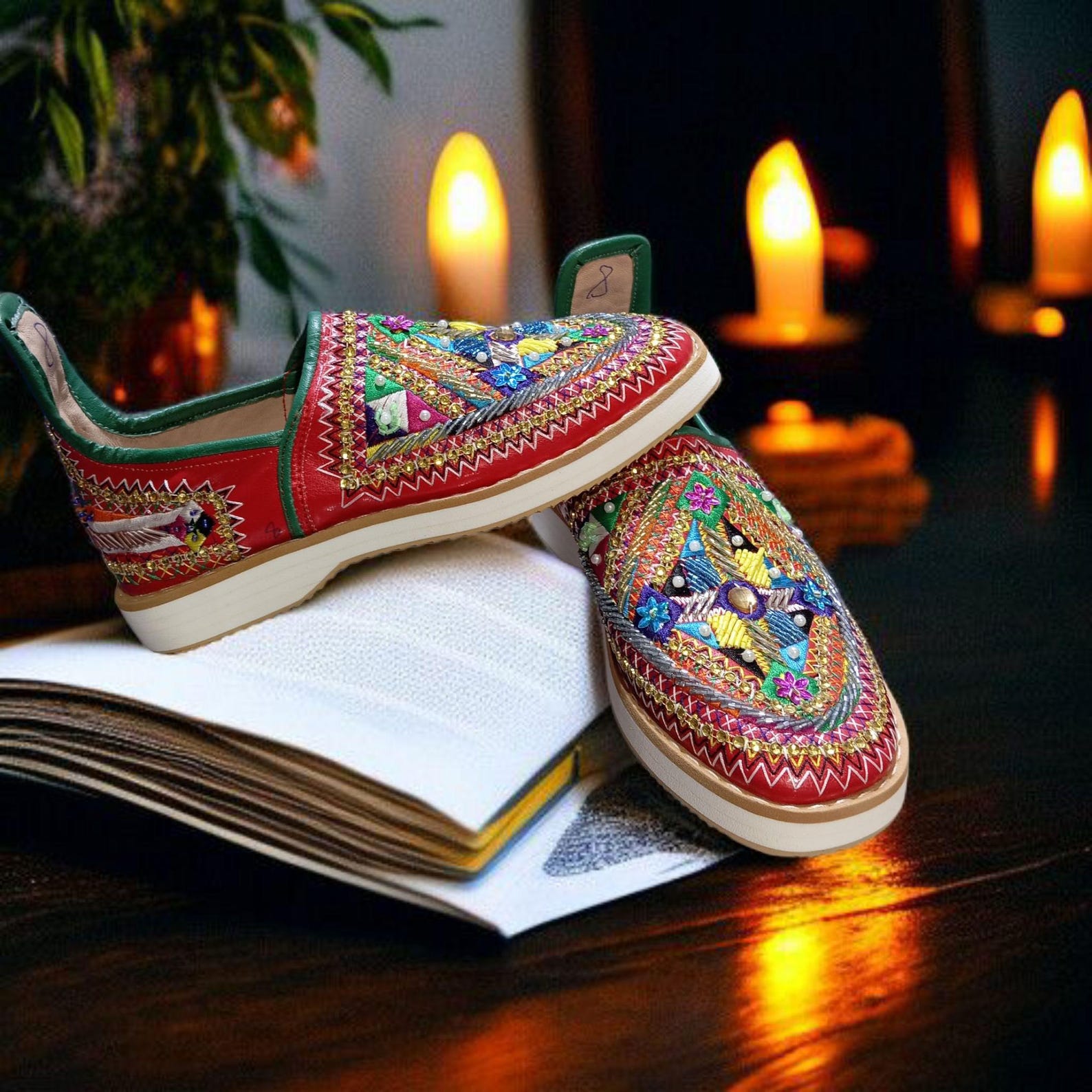 Berber Handcrafted Leather Babouche Shoes with Colorful Embroidery