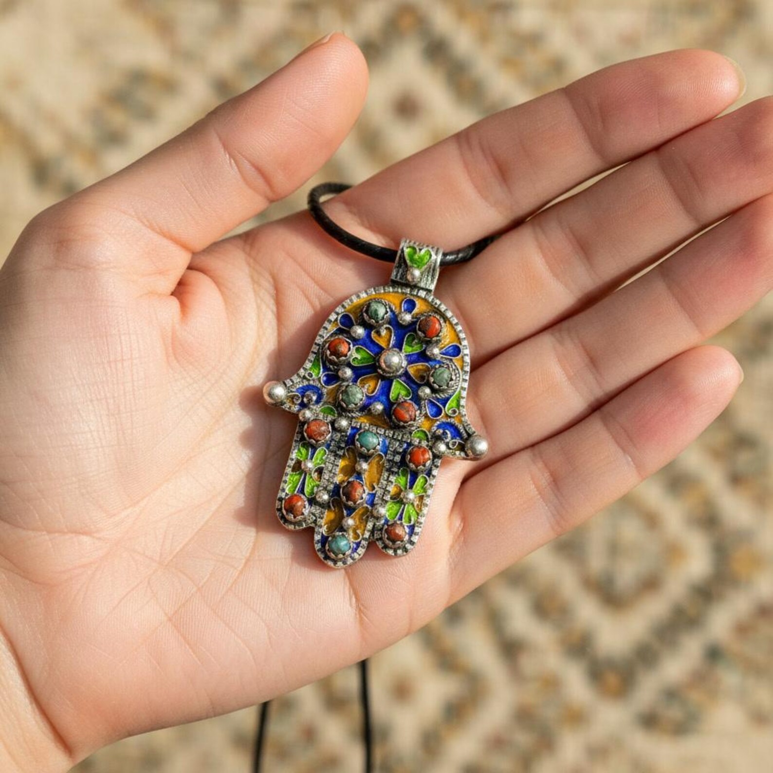 Berber Hamsa Hand Silver Handmade Enamel Pendant Necklace
