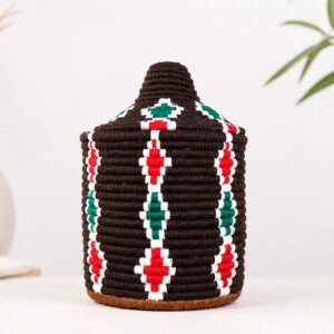 Berber Handmade Woven Palm Basket with Lid and Wool