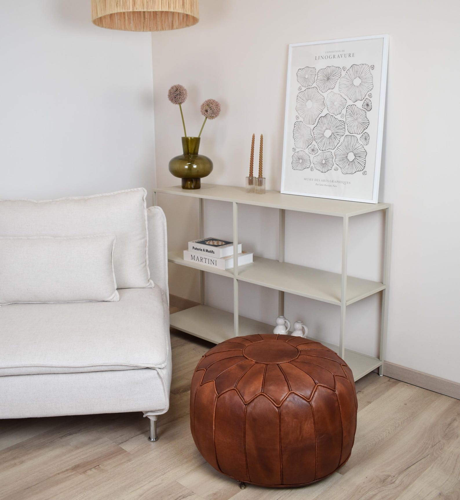 Amazigh Leather Honey Red Delivered Stuffed Modern Pouf