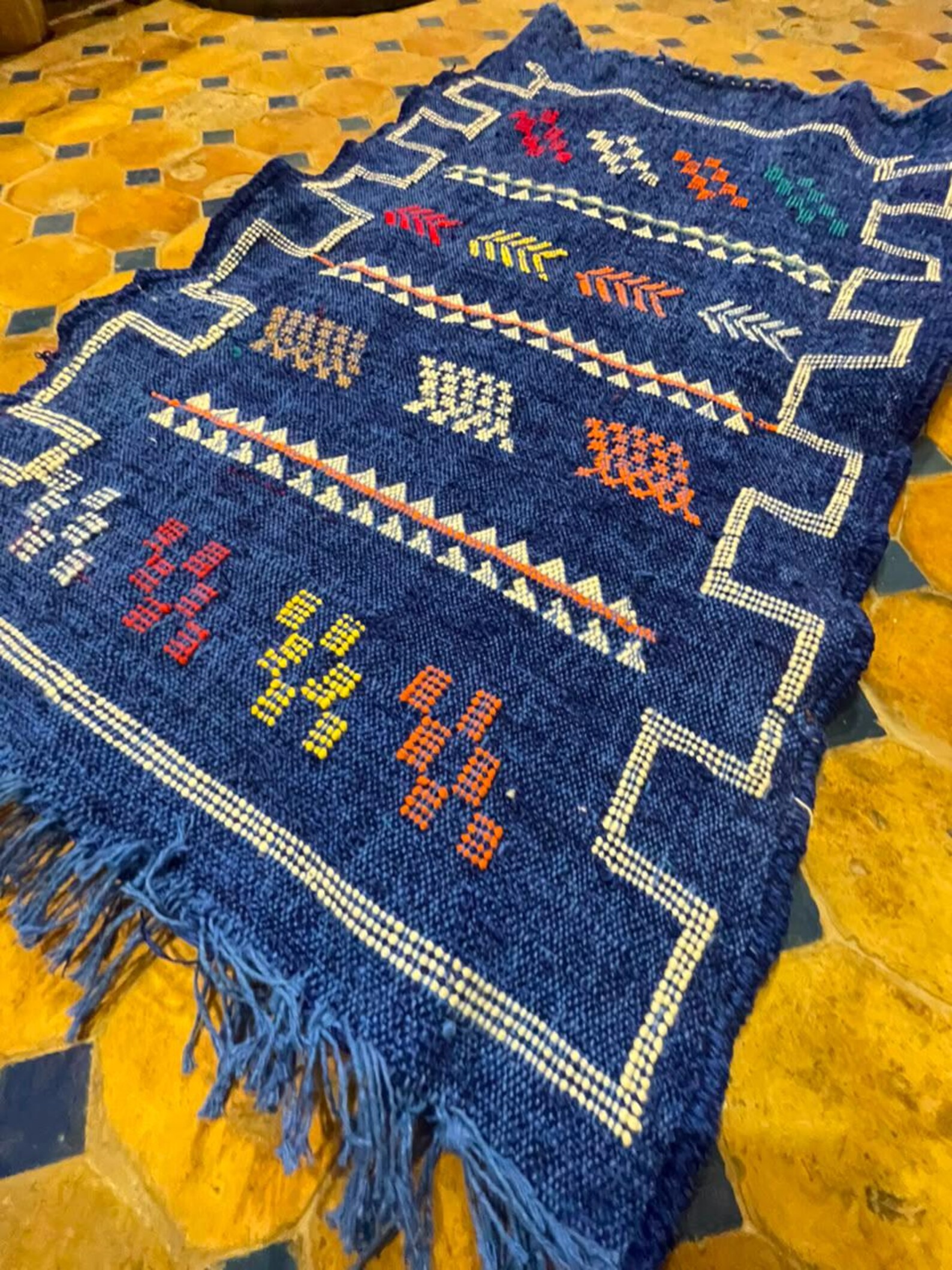 Berber Handmade Navy Blue Cashmere Geometric Carpet Rug