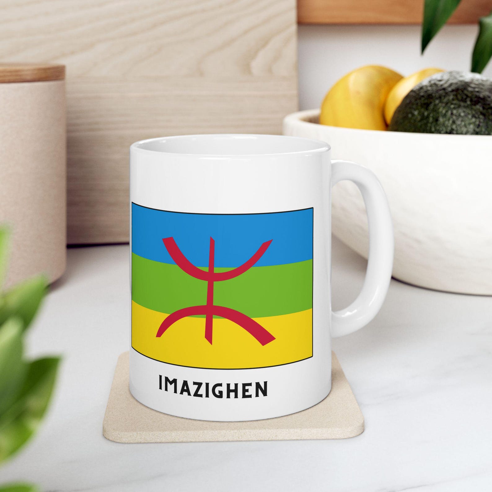 Berber Flag Tamazight White Ceramic Mug with Yaz Symbol