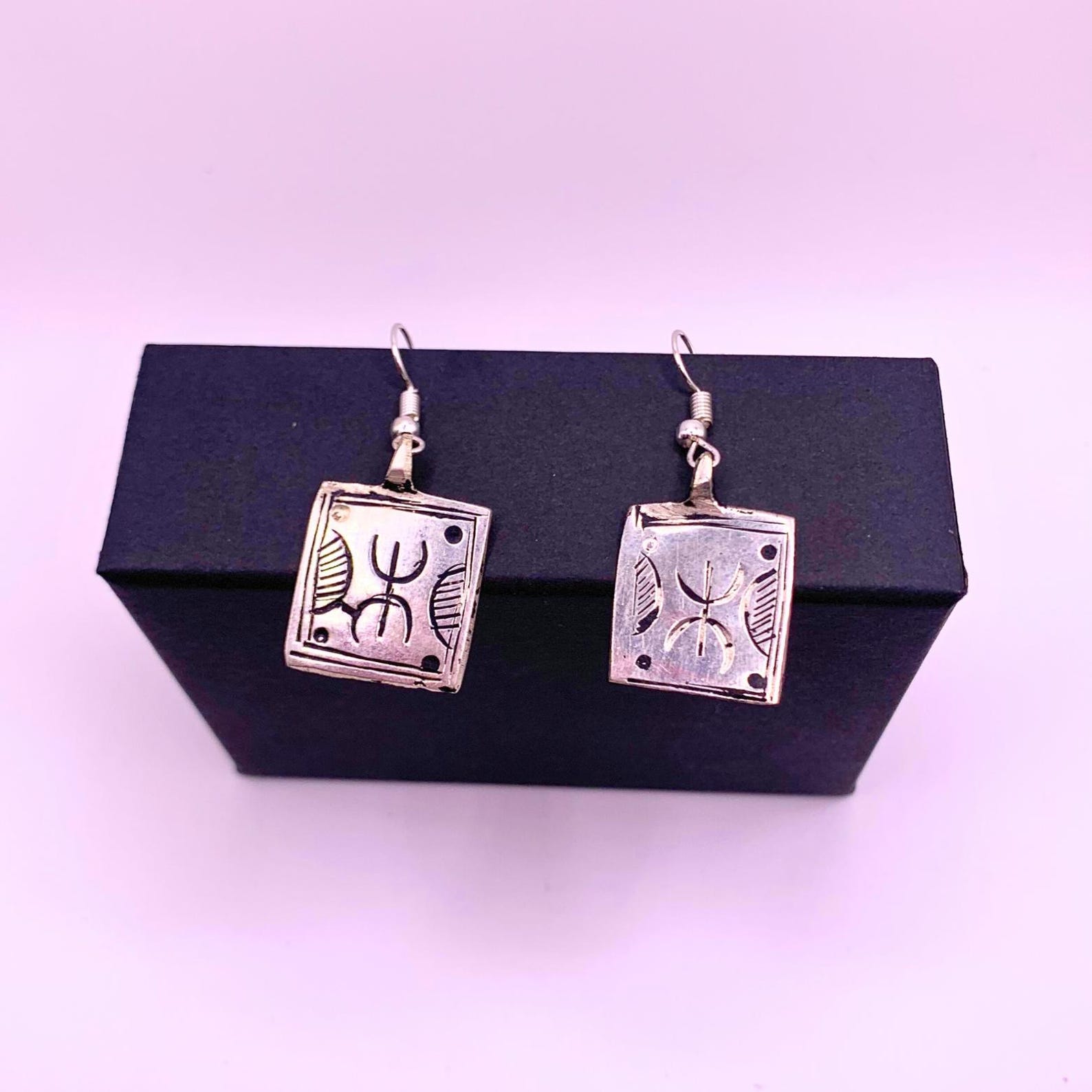 Vintage Tuareg Amazigh Berber Yaz Silver-Tone Geometric Drop Earrings