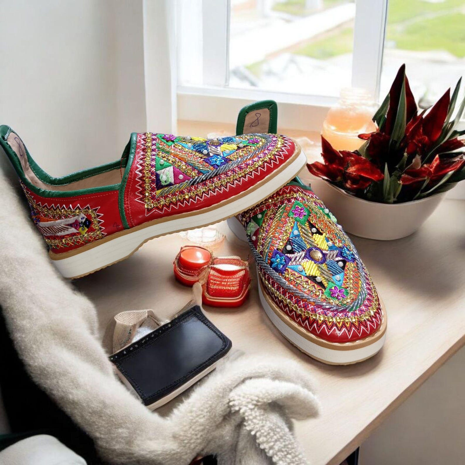 Berber Handcrafted Leather Babouche Shoes with Colorful Embroidery