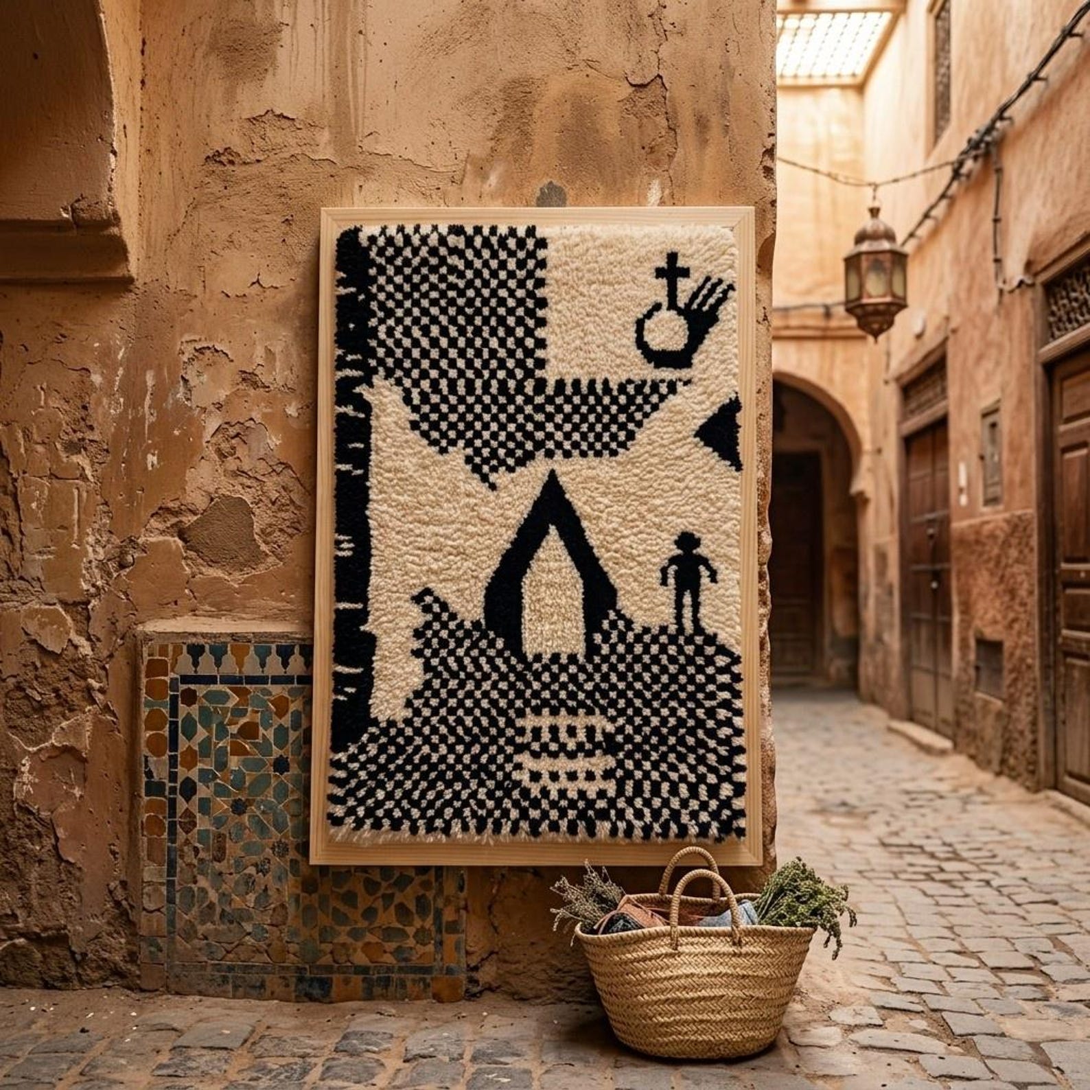 Handwoven Amazigh Berber Wool Rug Wall Tapestry with Tuareg Yaz