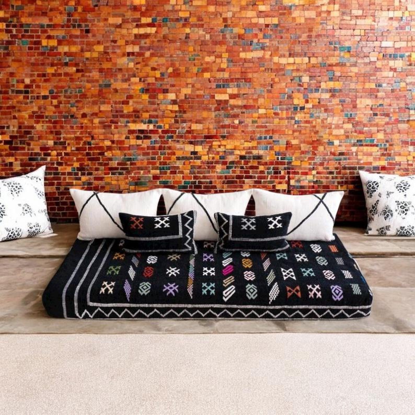 Black Amazigh Hanbel Floor Sofa Colorful Symbol Seating Pouf