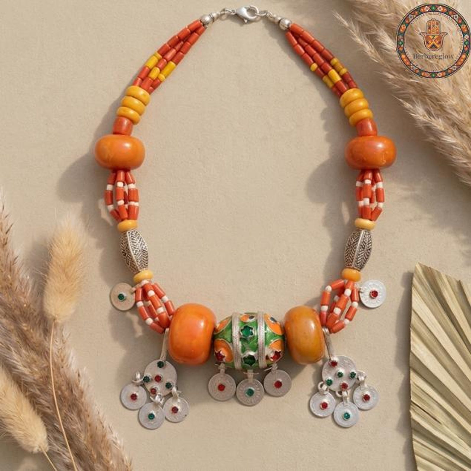Berber Handmade Tribal Jewelry Orange Beaded Statement Necklace