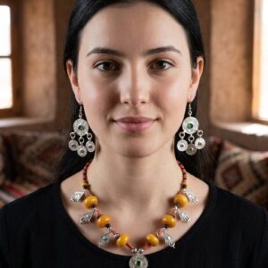 Berber Necklace and Traditional Jewelry Amber Earrings Set