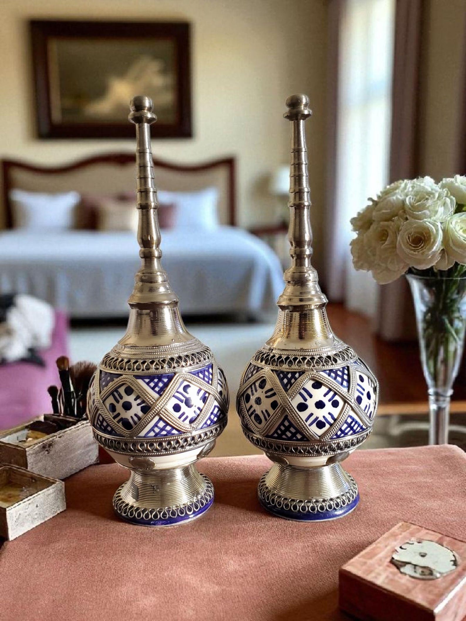 Amazigh White Metal Pottery Perfume Sprayer Set of Two Dispenser
